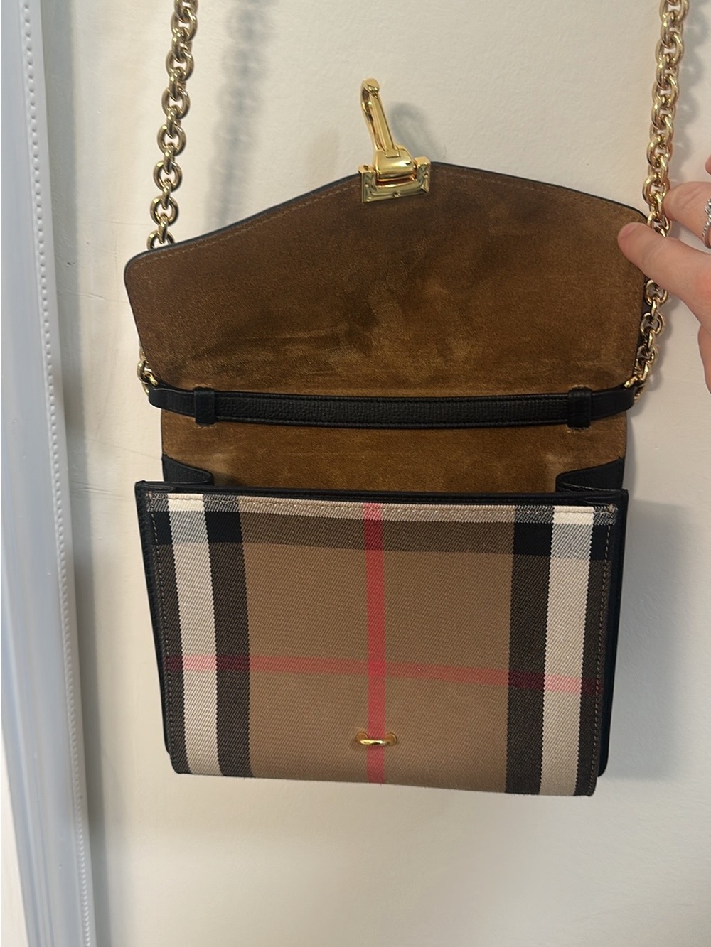 Burberry Black Leather & Beige Check Crossbody with Gold Hardware - Picture 6 of 11